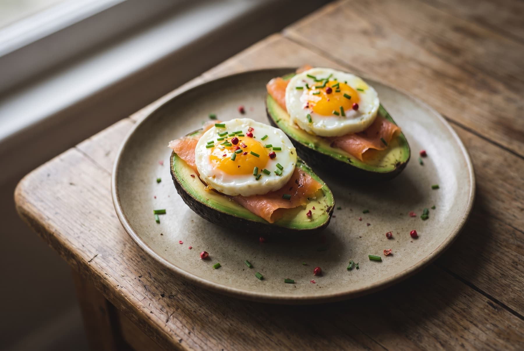 Two ripe avocado halves filled with smoked salmon slices and a soft fried egg on top, garnished with chives and pink peppercorns, on a matte ceramic plate.