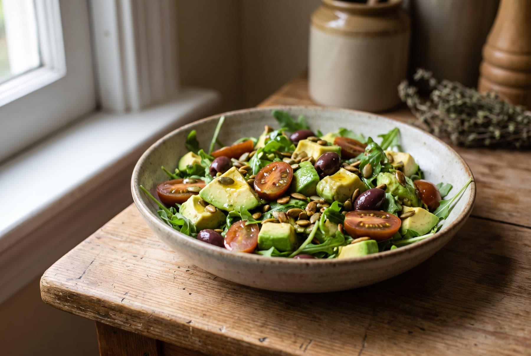 Fresh avocado salad with arugula, halved datterini tomatoes, taggiasca olives and pumpkin seeds, glistening with lemon vinaigrette.