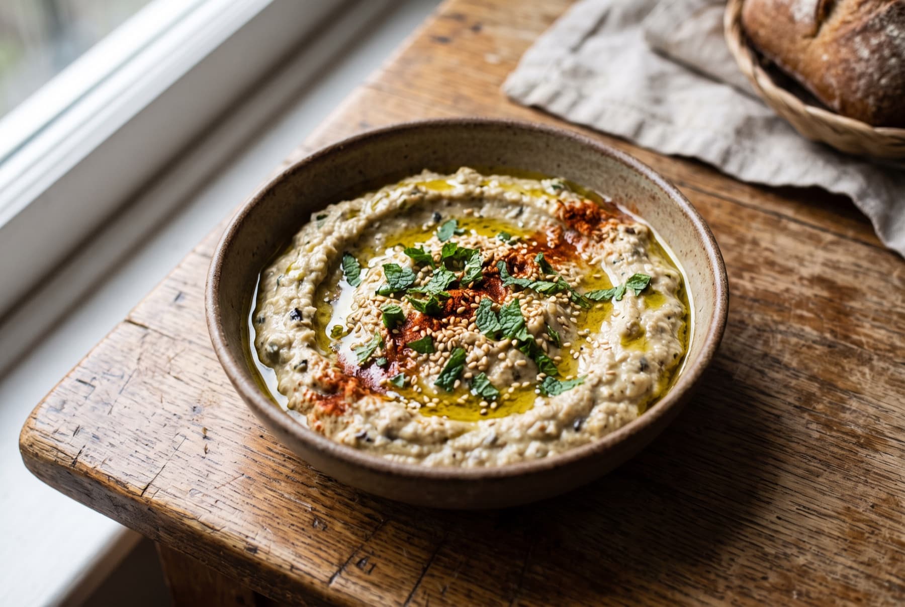 Rustic bowl of creamy smoky baba ganoush drizzled with olive oil, topped with fresh mint leaves, sesame seeds and a pinch of paprika.