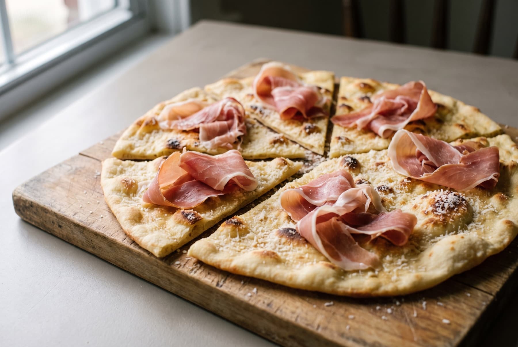 Thin golden Italian flour flatbread cut into wedges, dusted with grated pecorino, draped with ribbons of raw ham on a wooden board.