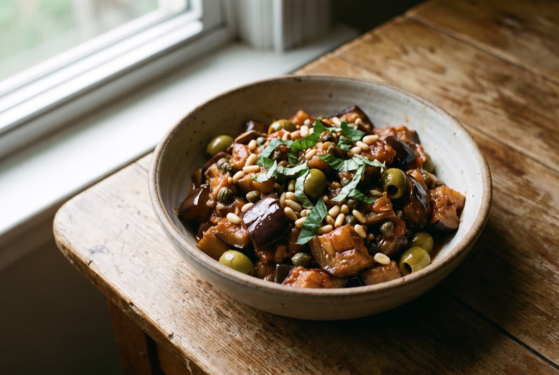 Sicilian caponata in a rustic ceramic bowl, glossy sweet-sour eggplant chunks with green olives, capers and pine nuts, basil leaves on top.