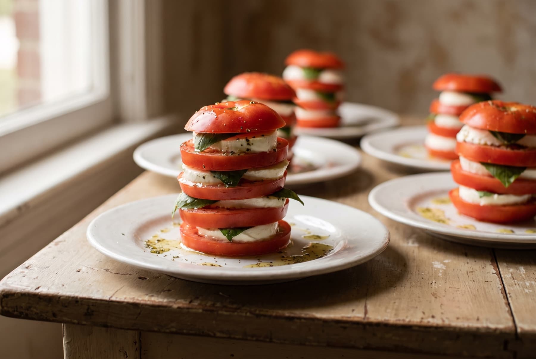 Tall vertical caprese towers of alternating tomato and buffalo mozzarella slices with basil between layers, drizzled with oregano oil, on white plates.