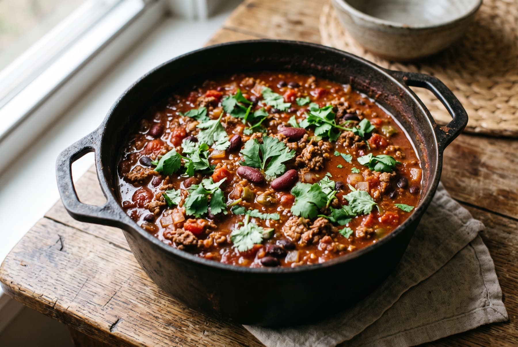Hearty chili con carne in a cast-iron pot, deep red stew with black beans and paprika, cilantro leaves scattered on top.