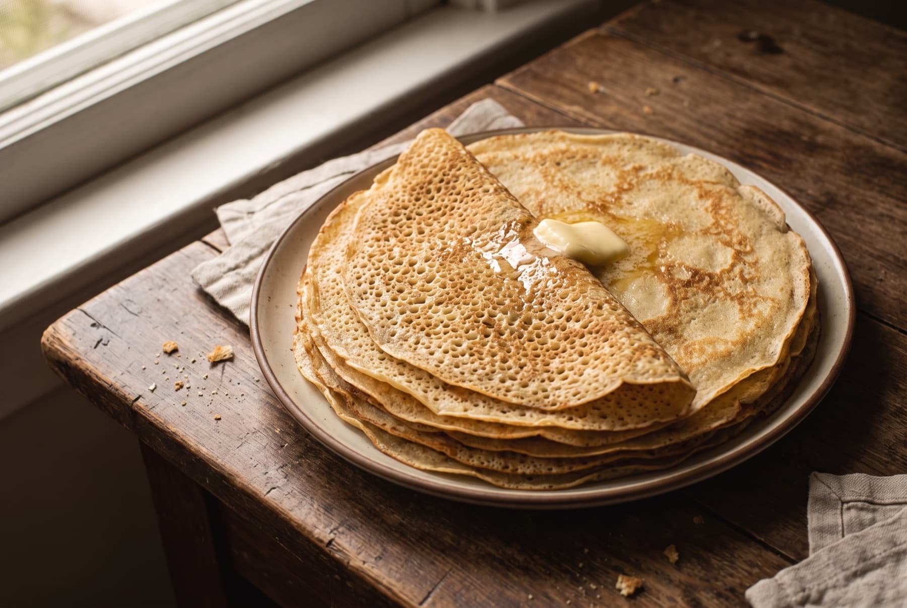 Stack of thin golden crepes on a plate, one folded showing its lacy texture, butter pat melting on top.