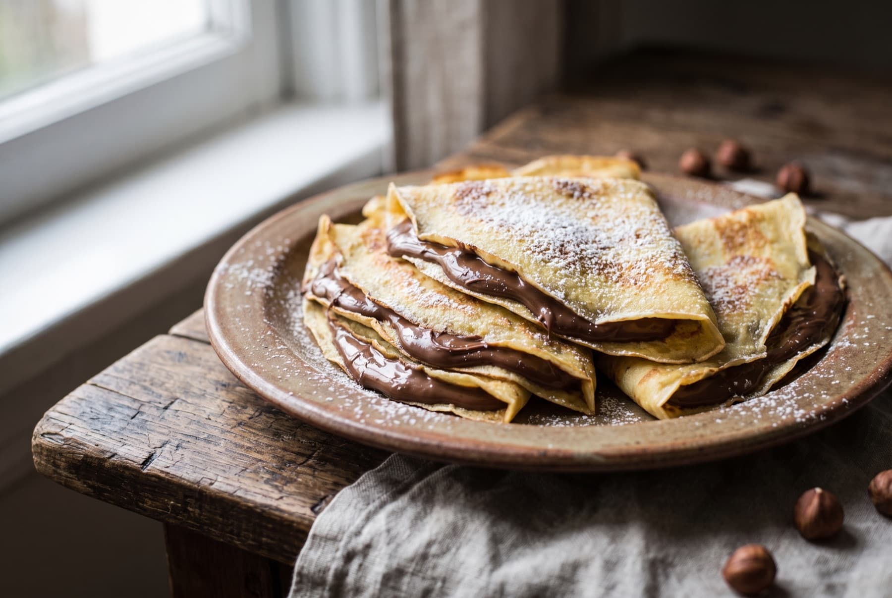 Folded golden crepes filled with glossy nutella, dusted with powdered sugar, stacked on a rustic plate.