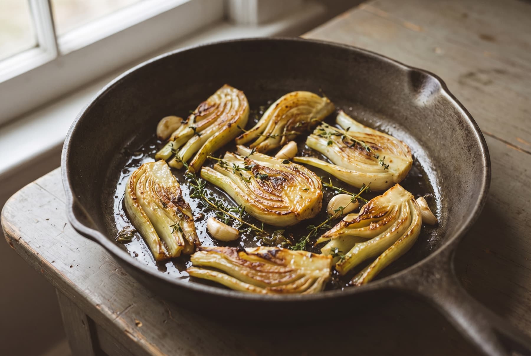 Caramelized fennel wedges in a skillet, golden edges, thyme sprigs and garlic cloves, glossy with olive oil.