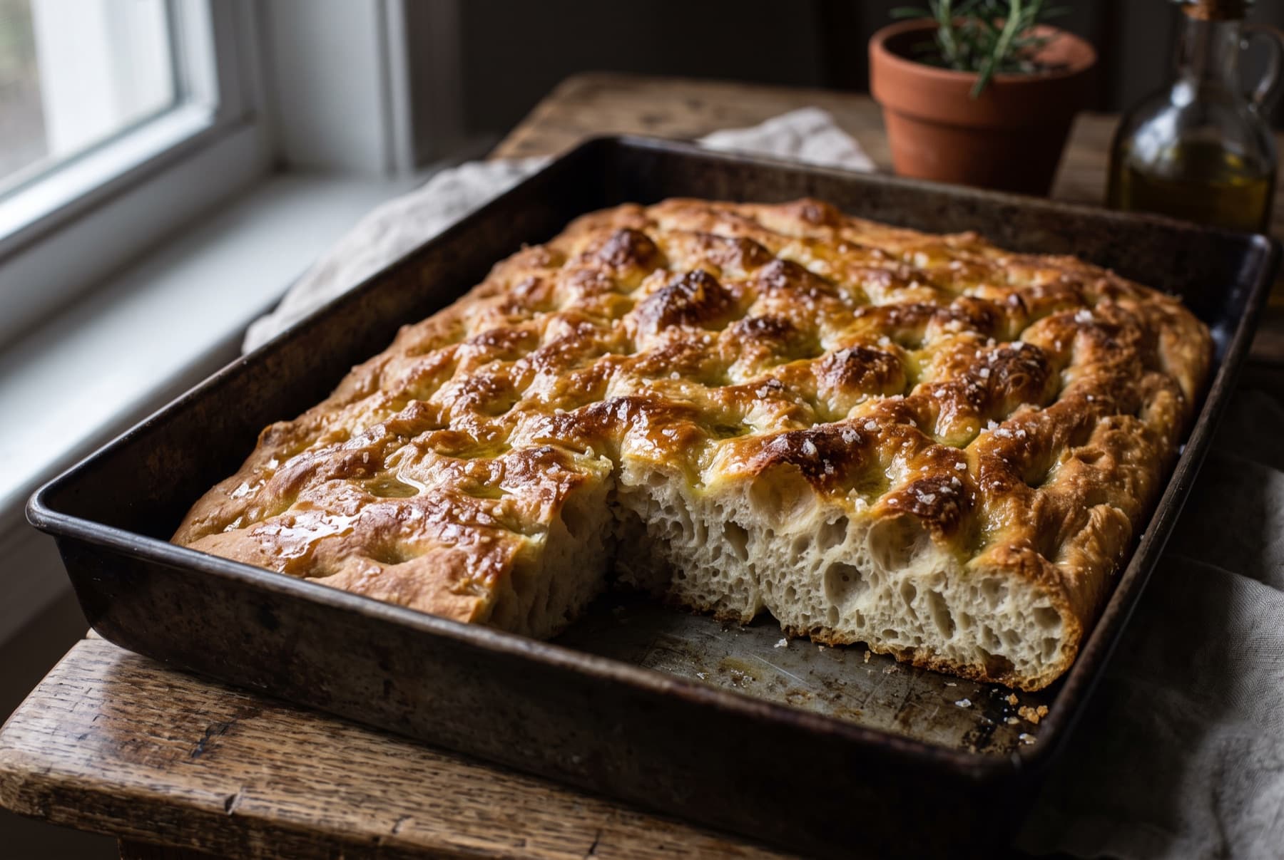 Authentic Genovese focaccia in its dark pan, dimpled golden surface glistening with olive oil and salt brine pools, thick airy crumb visible at cut edge.