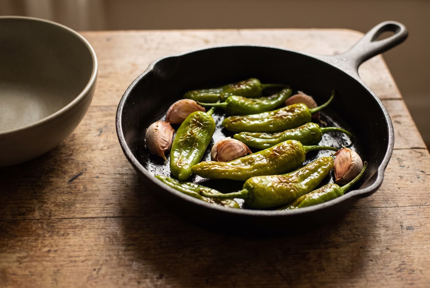 Small glossy green friggitelli peppers blistered and golden in a cast-iron skillet, whole garlic cloves in skins beside them.