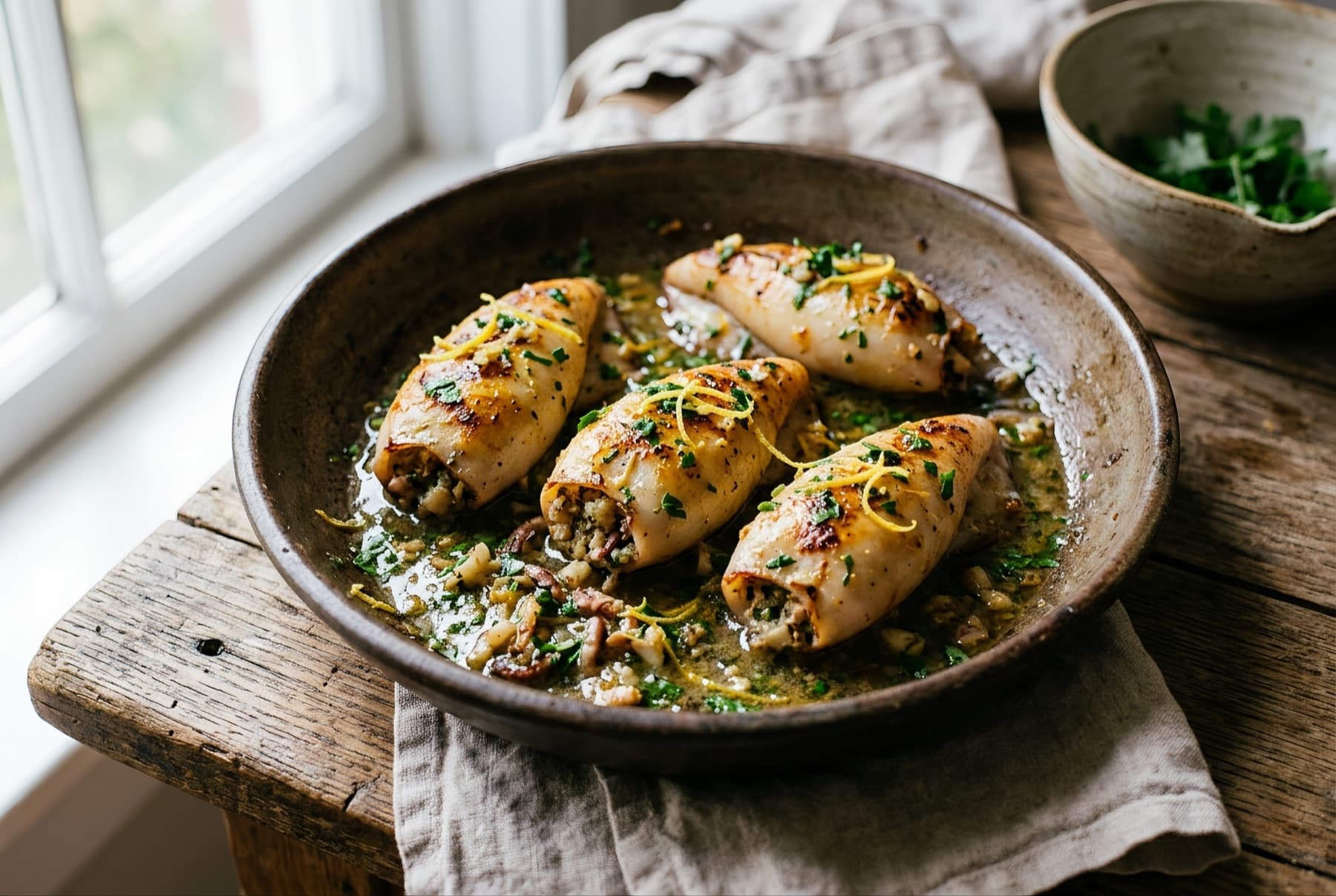 Golden-seared stuffed calamari in a shallow pan, glistening with white wine sauce, garnished with lemon zest and parsley.