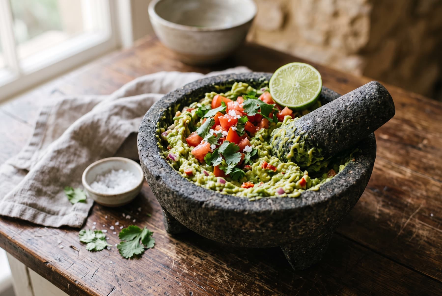 Chunky guacamole in a stone mortar with pestle, topped with diced tomato, cilantro leaves and lime wedge.