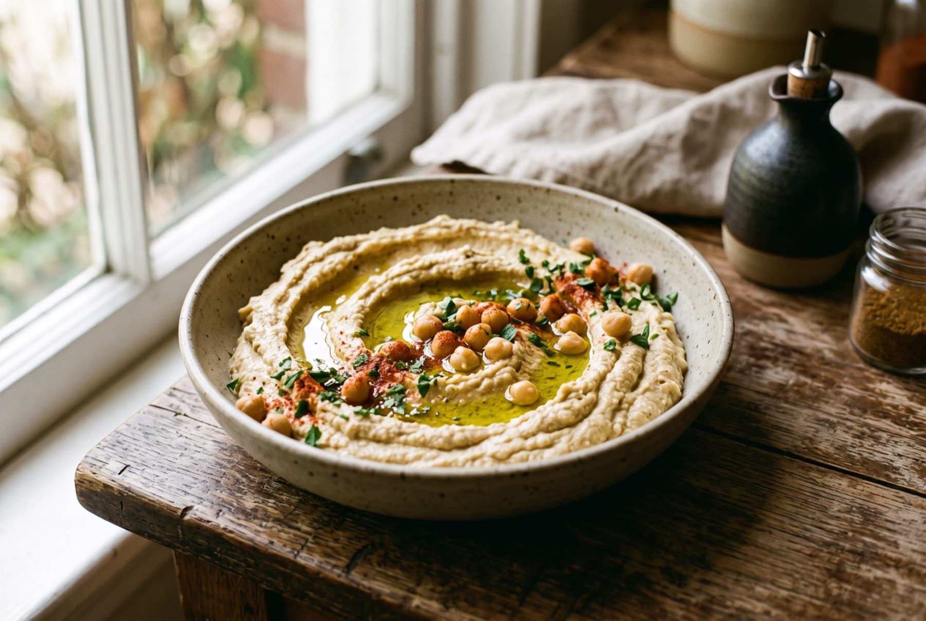 Creamy hummus swirled in a shallow bowl with olive oil pooling in the center, dusted with paprika, parsley and whole chickpeas on top.