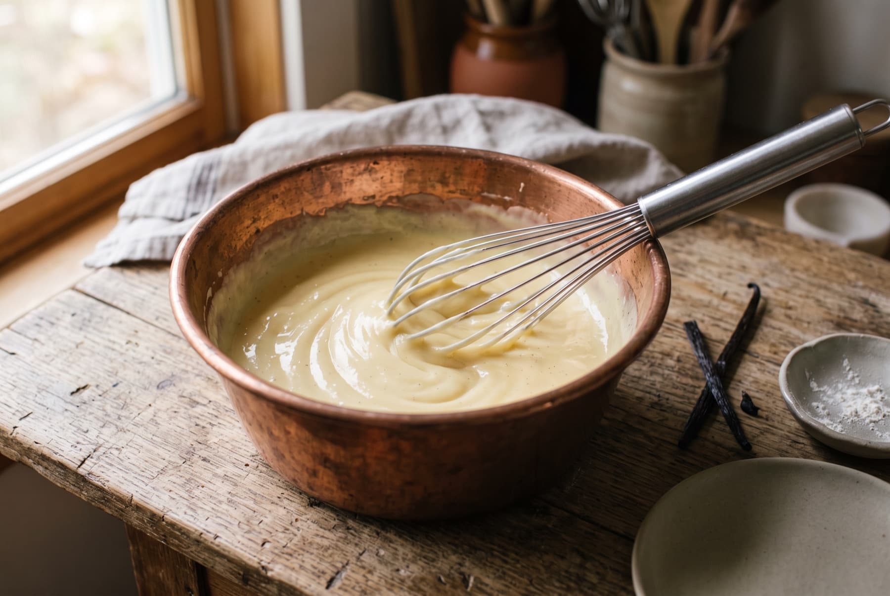 Smooth glossy vanilla pastry cream being whisked in a copper bowl, silky pale-yellow texture, vanilla pod resting nearby.
