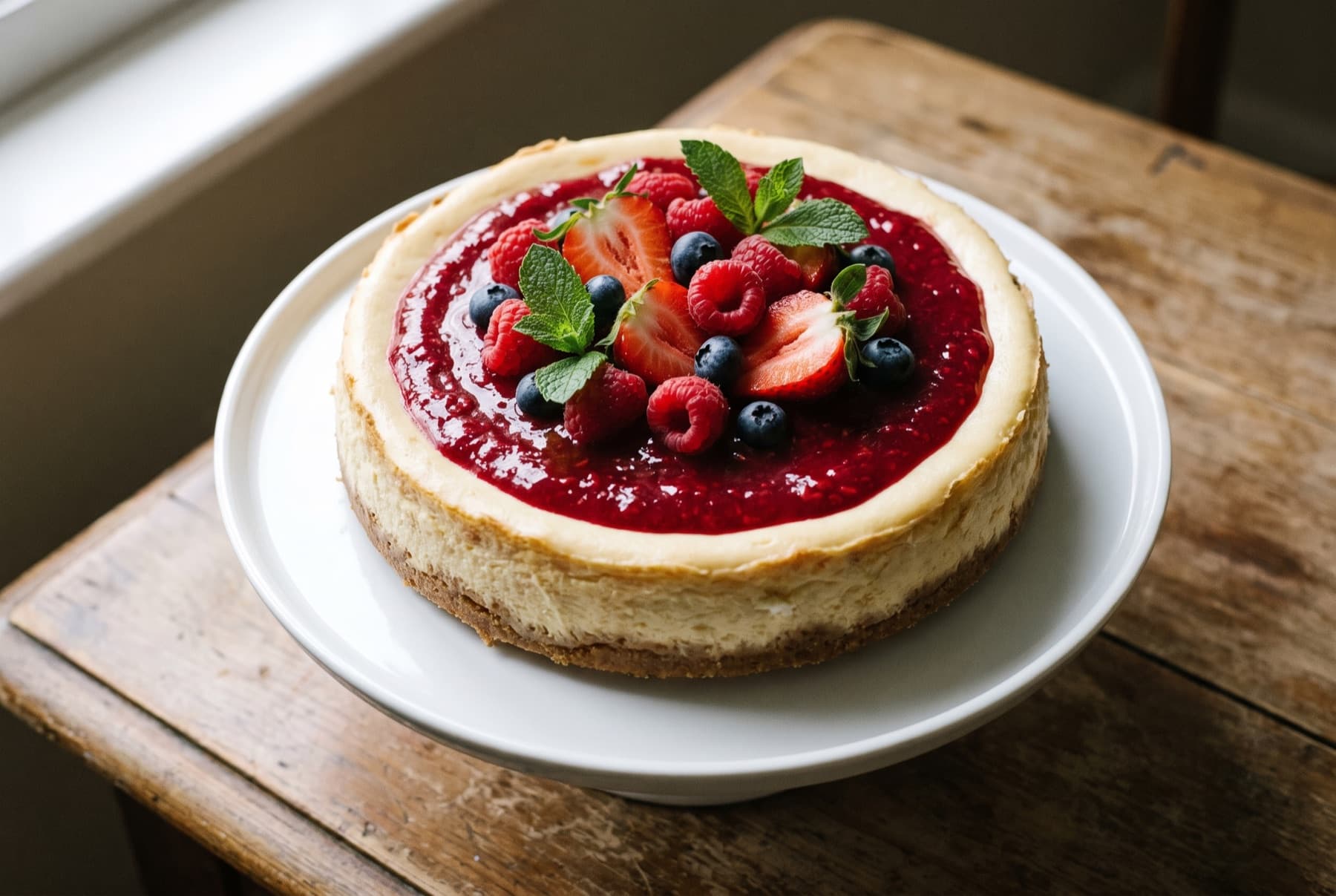 Chilled vanilla cheesecake topped with glossy raspberry sauce and fresh strawberries, blueberries and raspberries, mint leaves, on a white cake plate.