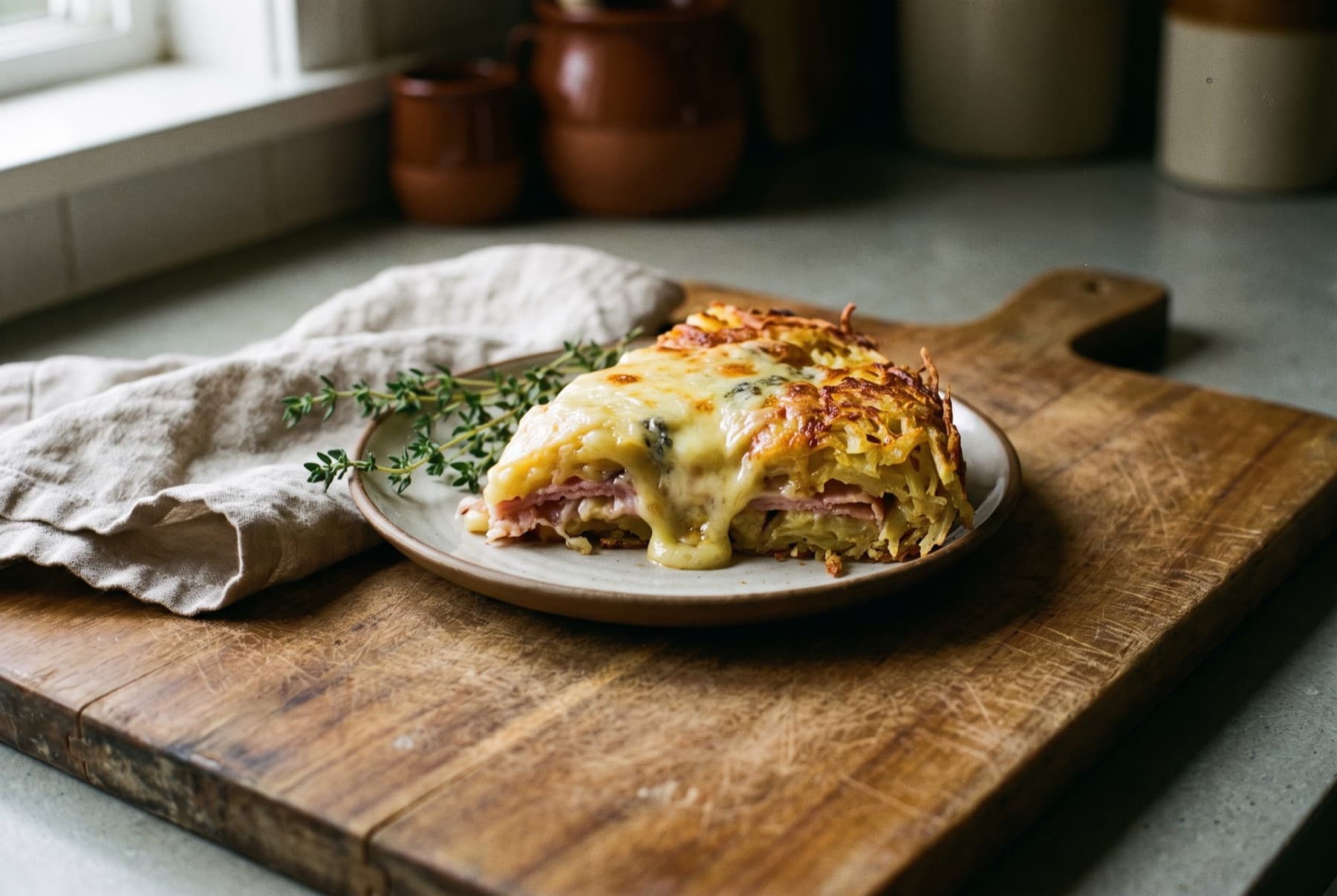 Rustic potato cake slice with melted edam and gorgonzola, ham layers visible, golden shredded potato crust, on a wooden board.