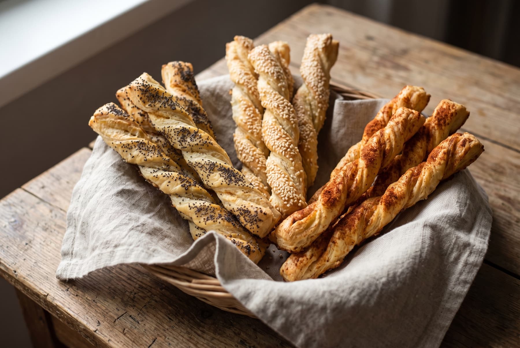 Twisted puff pastry cheese sticks in three varieties, poppy seed, sesame-white and paprika-dusted, arranged in a bread basket lined with linen.
