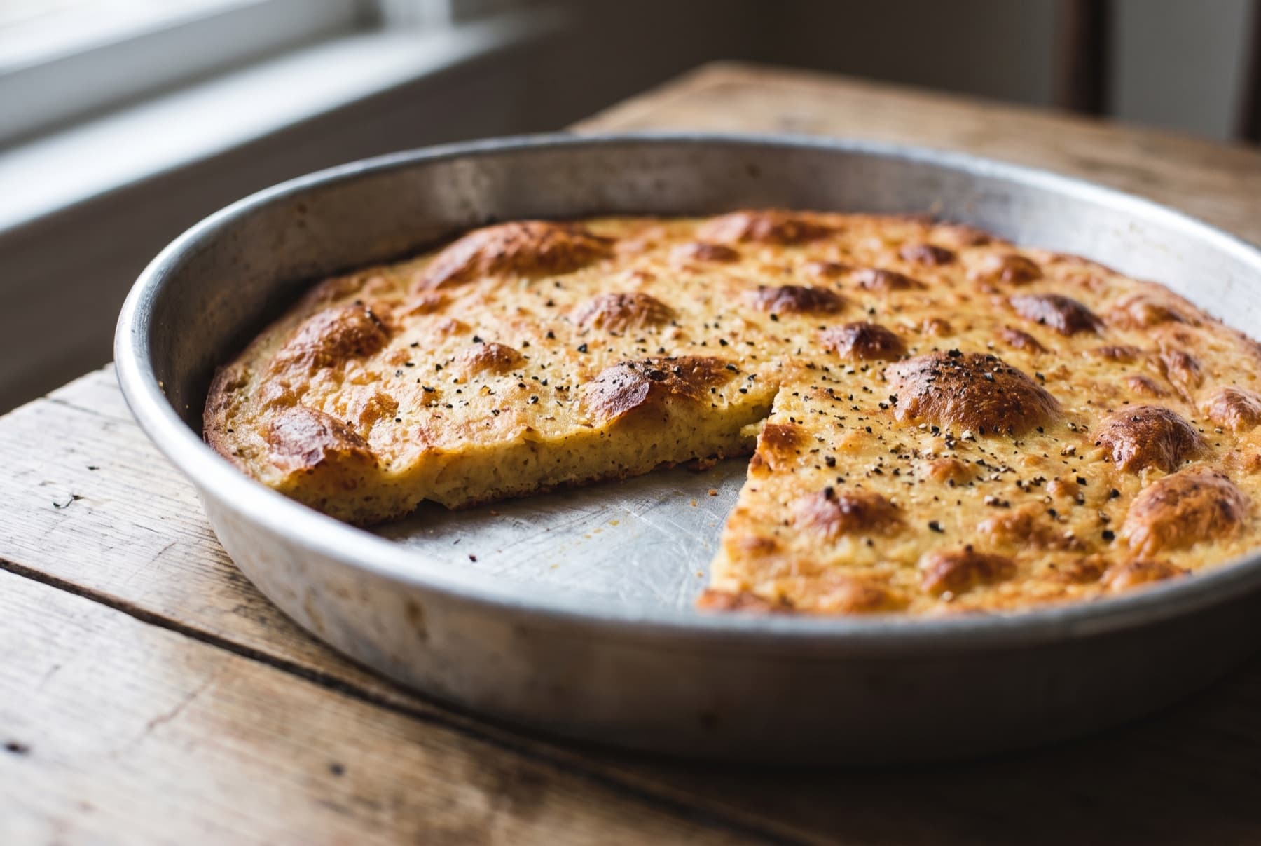Golden chickpea flatbread (farinata) in its dented aluminum pan, blistered crispy top with black pepper, one wedge cut away.