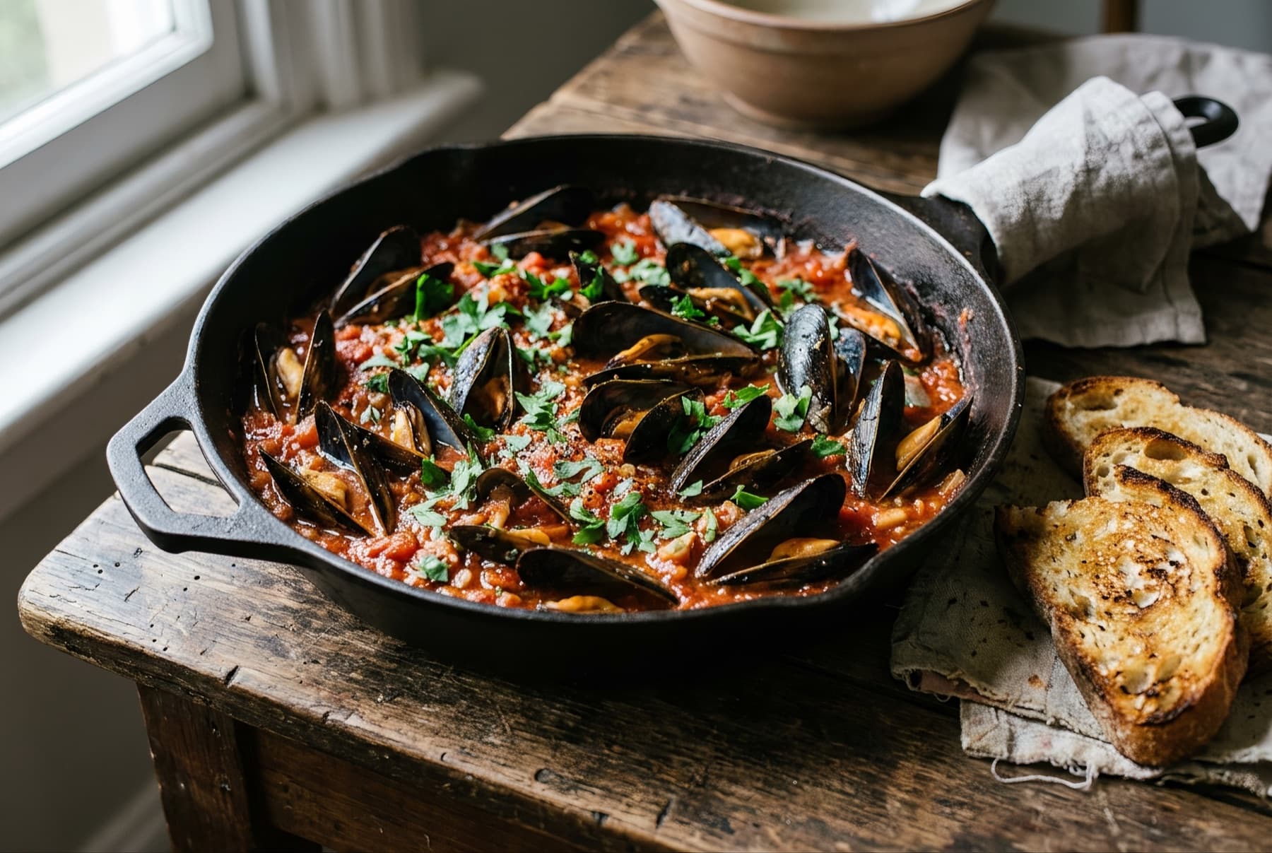 Steamed mussels in rich tomato sauce in a wide pan, scattered with chopped parsley, toasted bread slices alongside.
