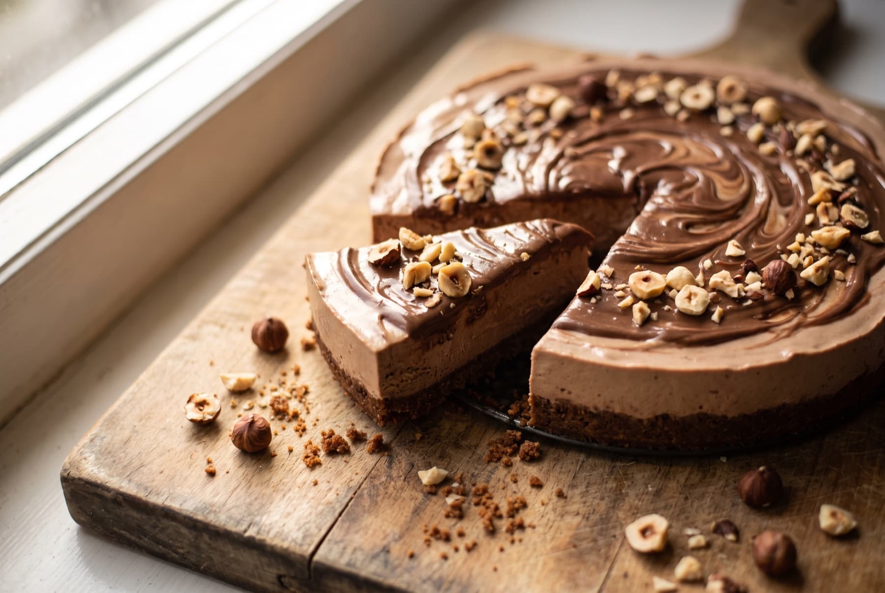 No-bake Nutella cheesecake with glossy hazelnut-chocolate swirls on top, hazelnut crunch scattered around, one slice cut showing the biscuit base.