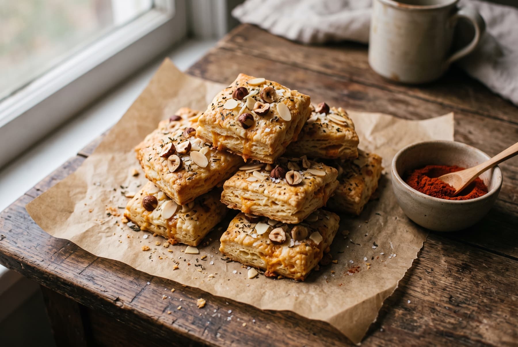 Savory square cheese biscuits topped with chopped hazelnuts and almond flakes, stacked casually on brown parchment with a small bowl of paprika nearby.