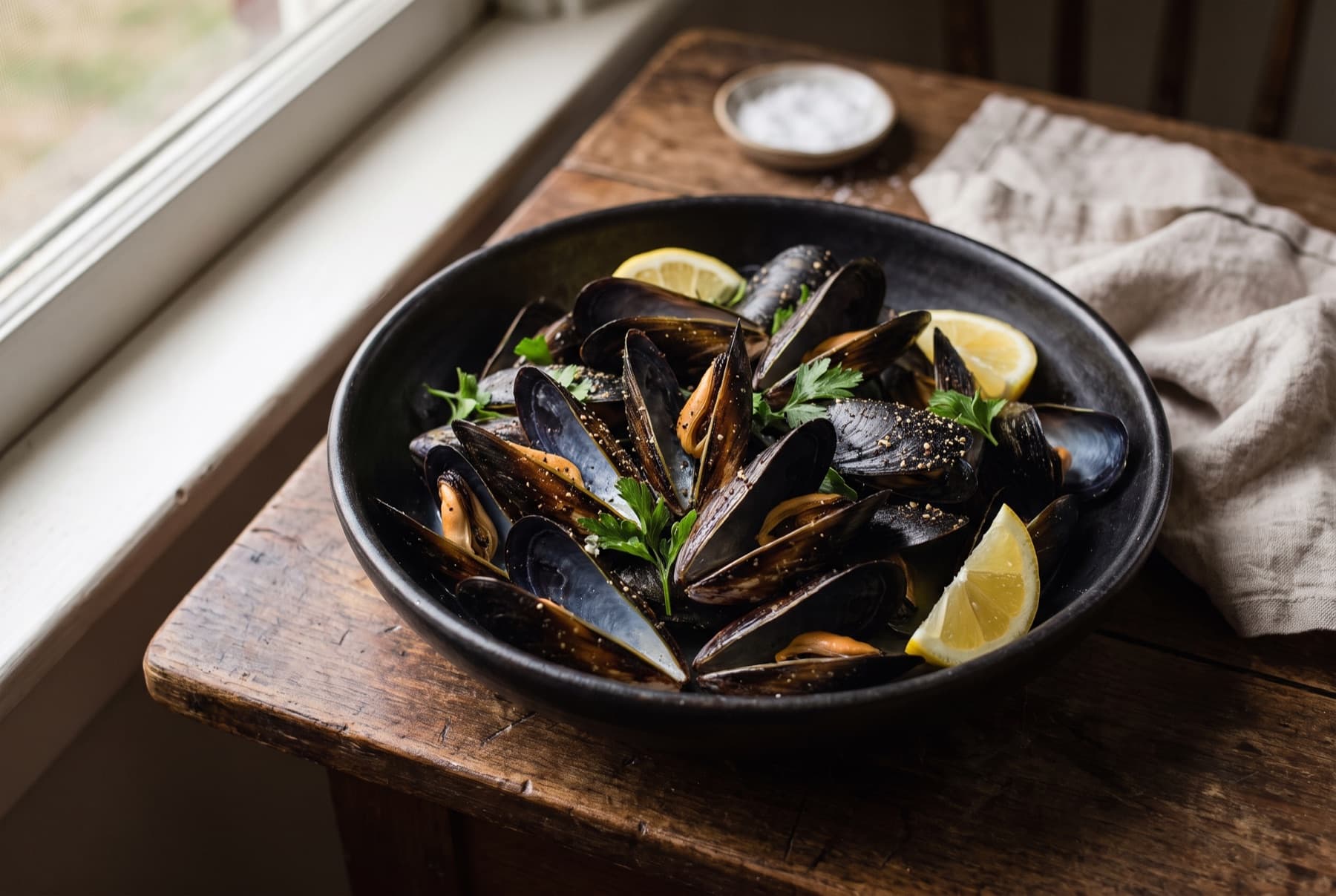 Opened mussels piled in a deep black bowl, glossy shells, heavily cracked black pepper visible, lemon wedges and parsley.