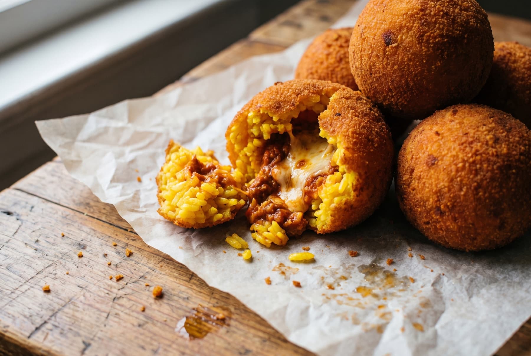 Goldbrown deep-fried Sicilian rice balls (arancini), one broken open showing saffron-yellow rice and a molten filling of ragu and cheese, piled on rustic parchment paper.