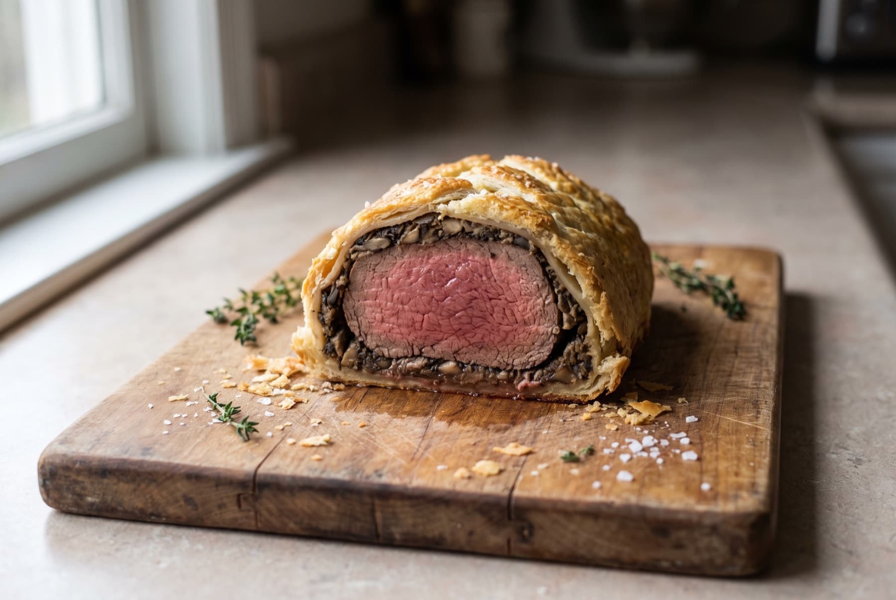 Sliced beef wellington showing pink rosy beef center wrapped in mushroom duxelles and golden flaky puff pastry, on a carving board.