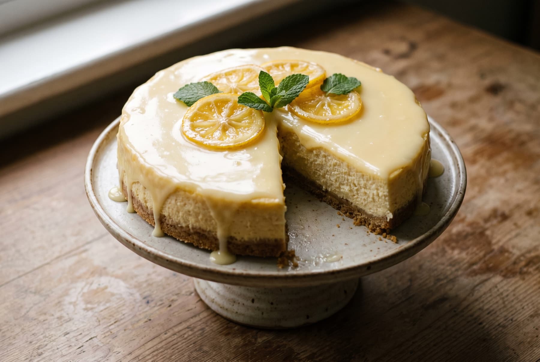 Whole lemon cheesecake on a cake stand, glossy pale-yellow glaze, candied lemon slices and mint leaves on top, one slice removed showing biscuit base.