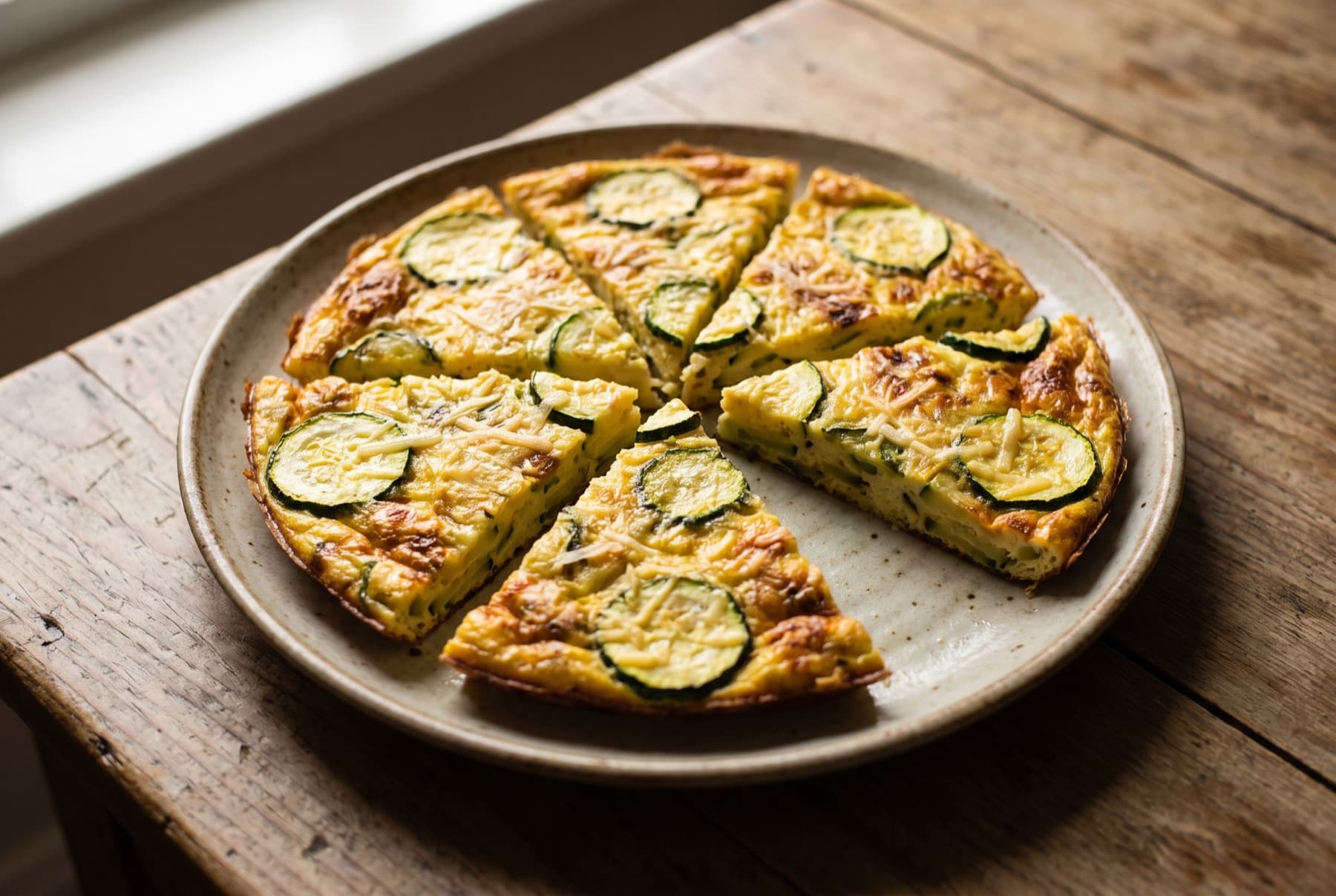Golden zucchini frittata cut in wedges on a rustic plate, visible zucchini rounds and parmesan throughout.